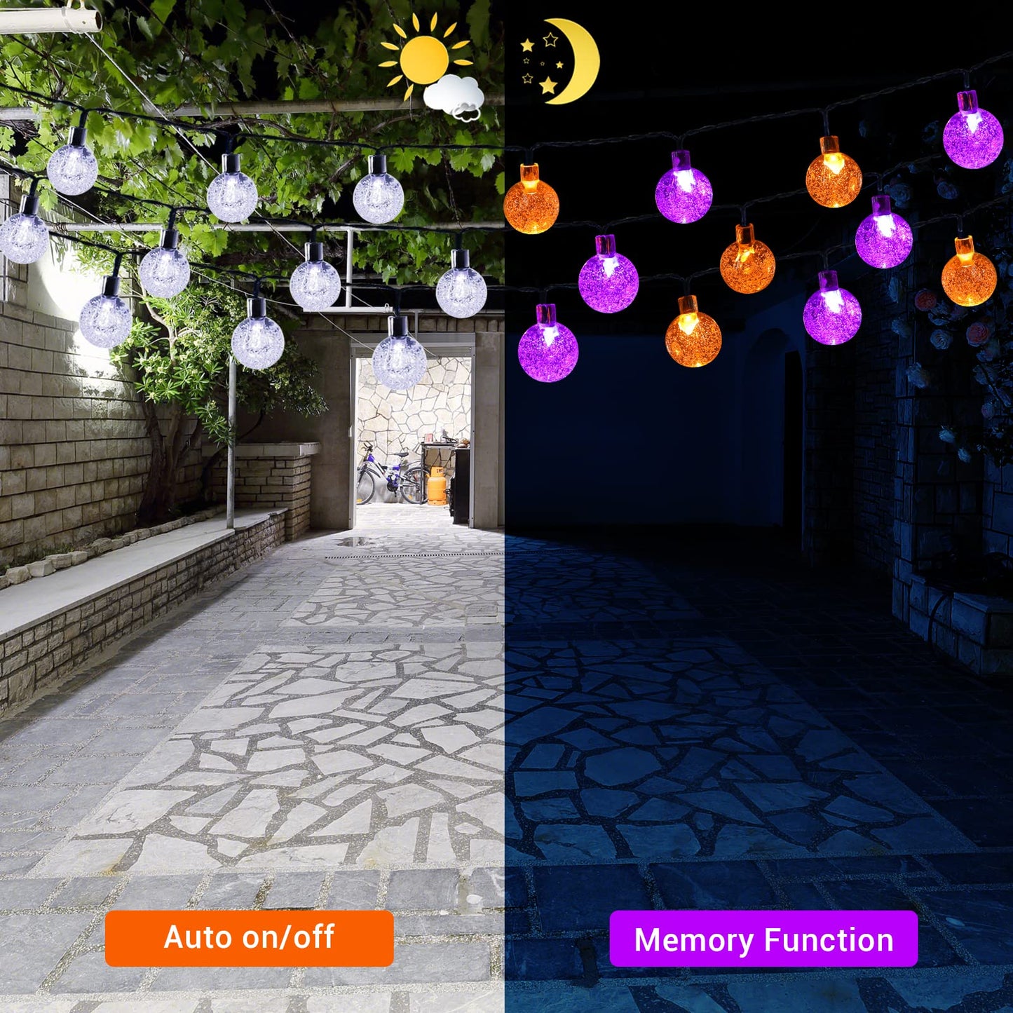 Lomotech Halloween Solar Lights - 72FT 100 LED Orange Purple String Lights Outdoor, 8 Modes Waterproof Crystal Globe Lights for Halloween Decoration