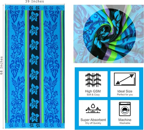 COTTON CRAFT Oversized Beach Towel - 2 Pack XL 39 x 68 Inches - Super Soft 100% Cotton Jacquard Velour - Tropical Hibiscus Aqua Blue & Purple