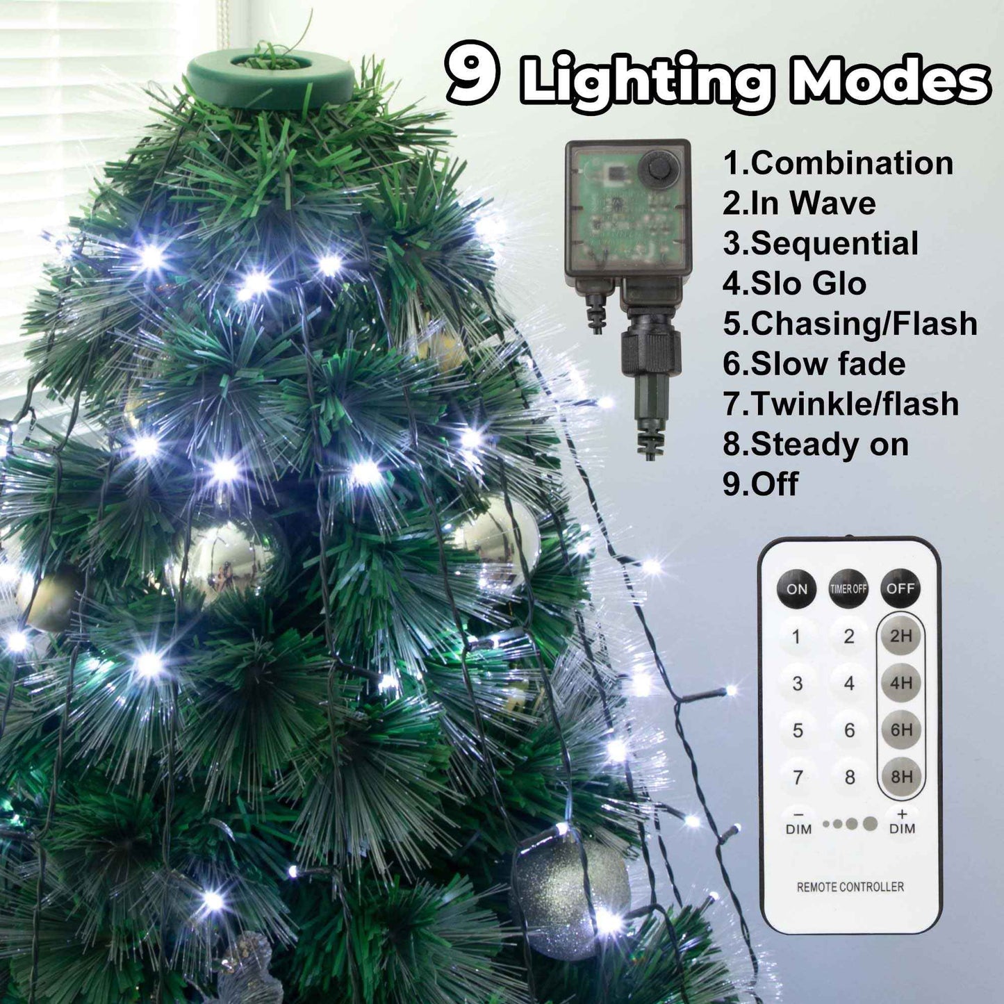 Outdoor 8.1 FT 16 Lines White Christmas Tree Lights with Ring, 448 LED Christmas String Lights with 8 Modes& Timer, Cascading Twinkle Light for Xmas Tree Tent Party Yard Decoration
