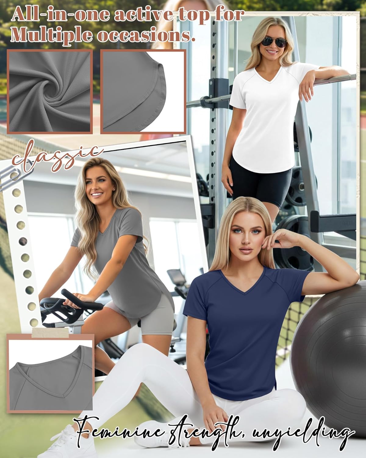 Skiennix Women's Quick-Dry Workout T-Shirts - UPF 50+ Sun Protection | V-Neck, Side Slits, Curved Hem - 5 Pack