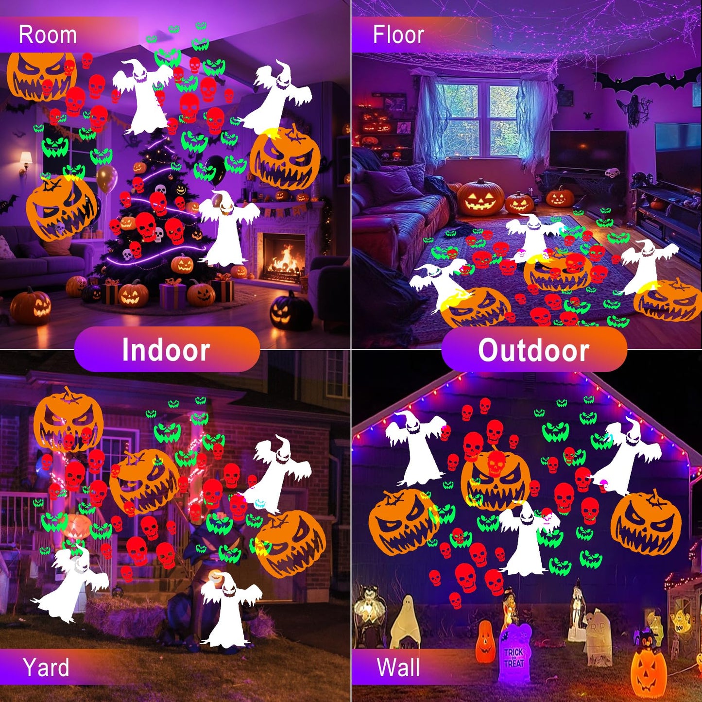 Nielfoi Upgraded Halloween Projector Lights Outdoor, Double Head Dynamic Projector Lights Indoor, 360° Rotating Waterproof Pumpkin Ghost Skeleton Bats Projection Light for Yard Window Party Decor
