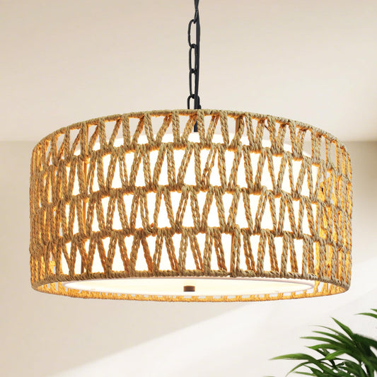 Boho Rattan Chandelier for Dining Room,5-Light Farmhouse Chandelier Light Fixtures, Hand Woven Chandeliers with Fabric Shade,Rustic Pendant Light Fixtures for Kitchen Island,Bedroom,Living Room