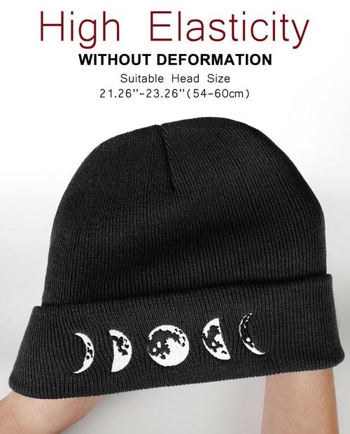 Gothic Moon Phase Skull Beanie Hats for Men Women, Warm Embroidery Winter Hat for Birthday Christmas & New Year Black