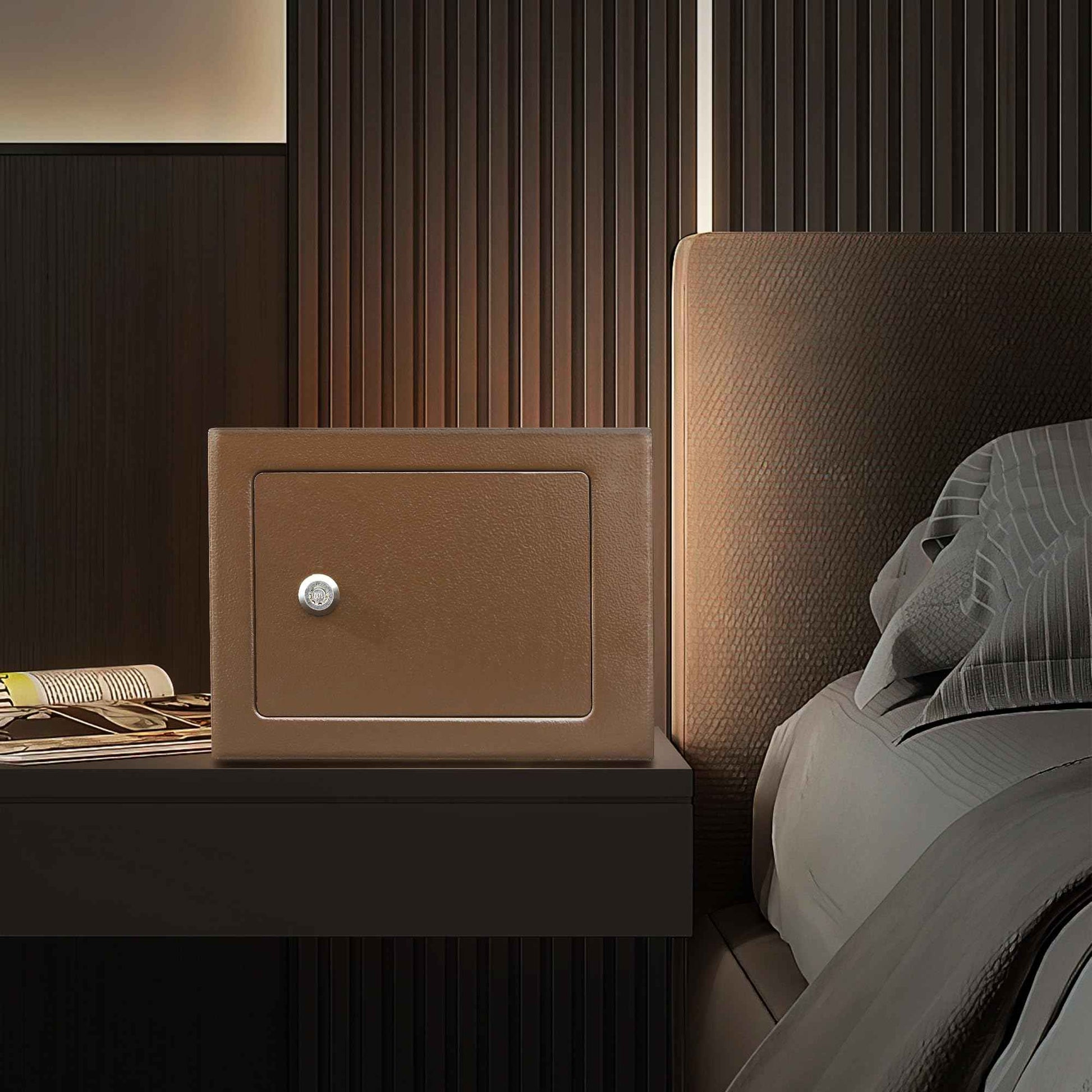 ELLAIG 0.24Cuft Small Safe Box Money Cash Safe Keys Gun Safe Mini Security Lock Safe Boxes for Coin Home Office Hotel Rooms Business Jewelry Gun 9.05 x 6.7 x 6.7 inches(Brown)