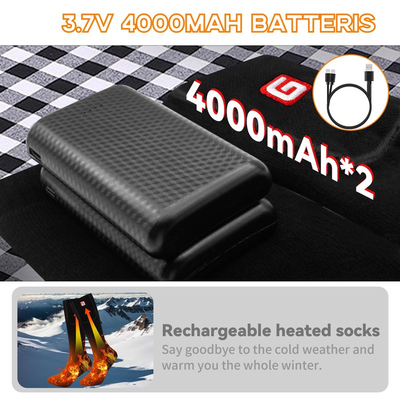 MMlove Heated Socks for Men Women, 3 Heat Settings, 4000mAh Battery, Washable Electric Heated Socks, Rechargeable Smart Foot Warmers for Camping Fishing Skiing Hiking