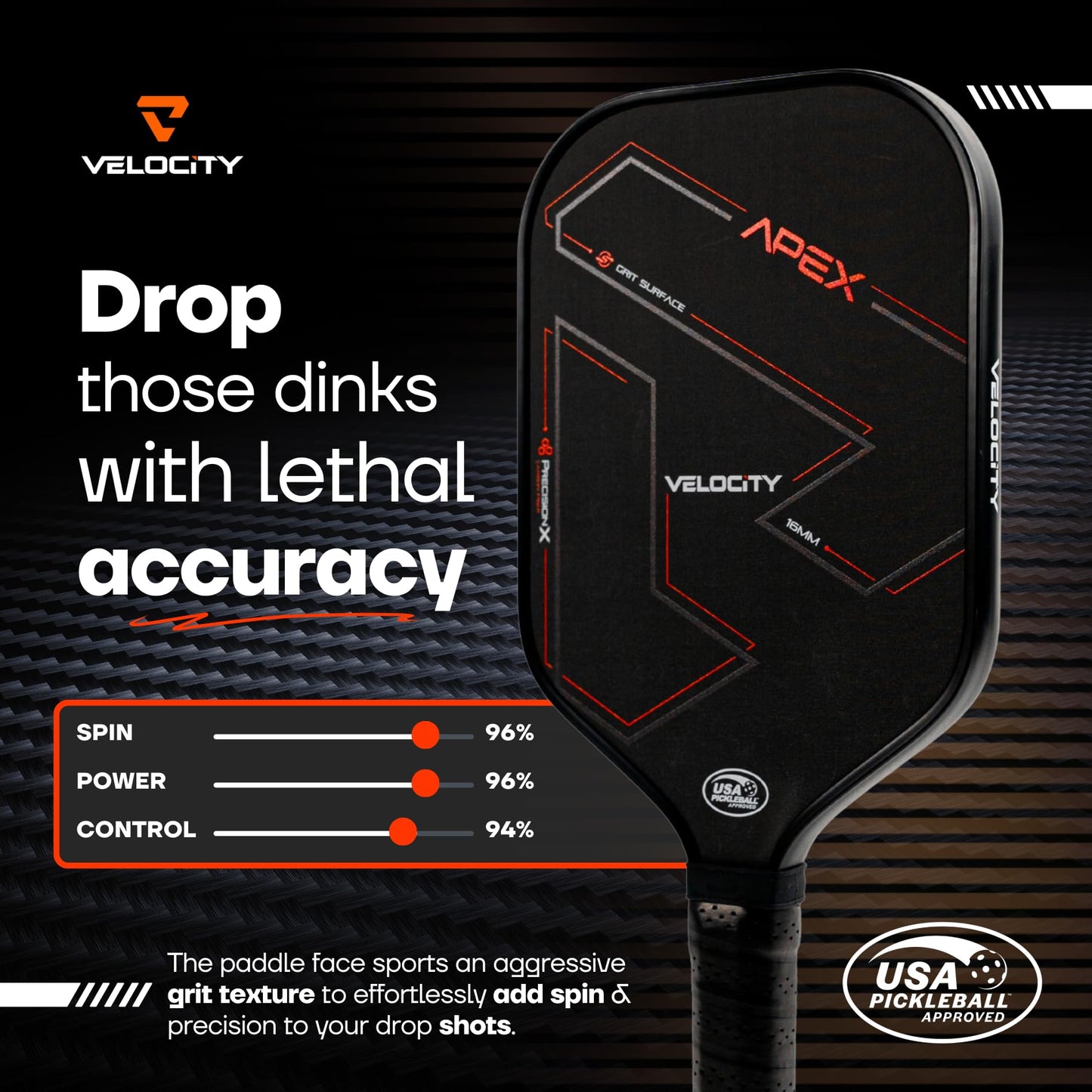 Velocity Pickleball Paddle, T700 Carbon Fiber Pickleball Paddle with 16mm Proprietary Core High Grit Surface, USAPA Approved, Elongated Anti-Slip Handle for Power, Spin & Control and Shoot at 60mph