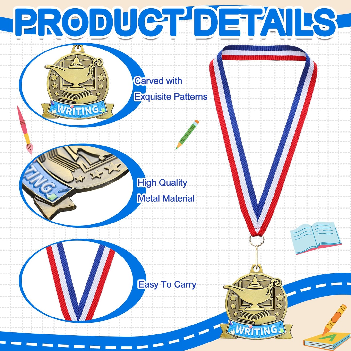 Loetere 20 Pcs Academic Excellence Medals Bulk 2.4 inch Reading Gold Medals with Neck Ribbons Metal Trophy Award Prize Gifts for Adult Book Lover Competitions Party (Writing)