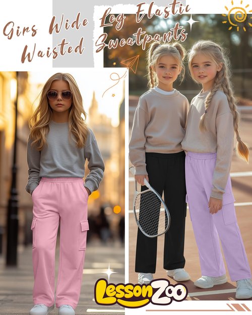 LessonZoo 3 Pack Girl's Lightweight Wide Leg Sweatpants Cargo Pants Baggy High Waisted Joggers Teen Girl Pants with Pockets(Light Purple, Pink, Black,9-10 Y)