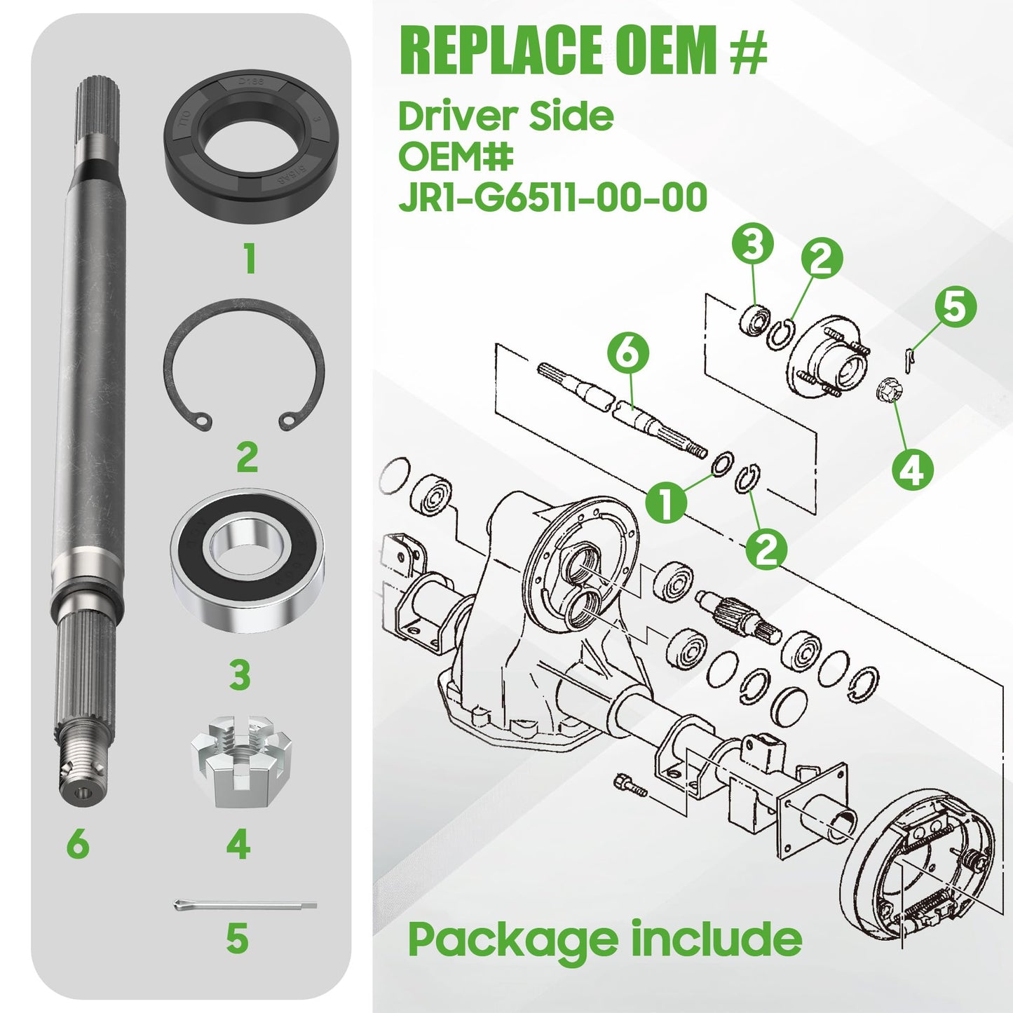 10L0L Golf Cart Rear Spline Axle Shaft for Yamaha G16 G19 G22 G27 (1996-2008) Models, Driver Side (Short) OEM# JR1-G6511-00-00