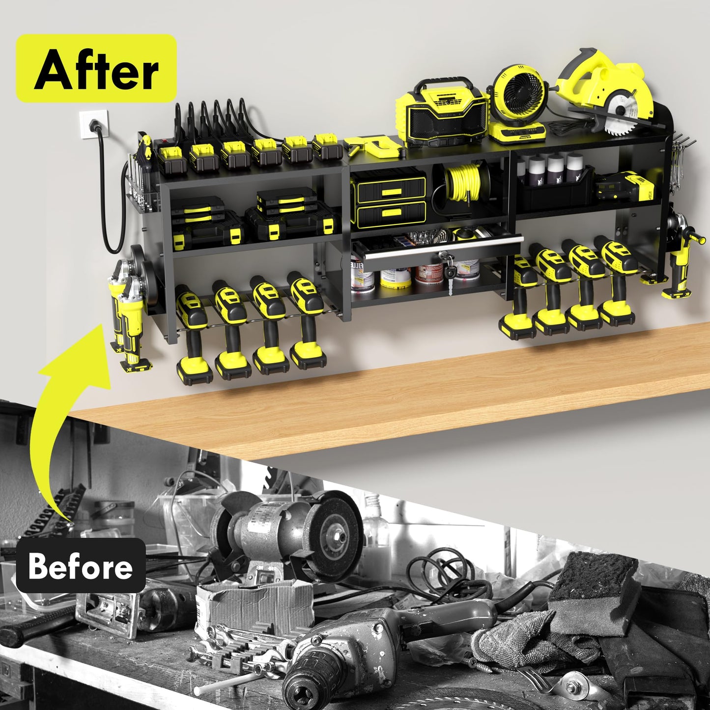 KSVO Large Power Tool Organizer Wall Mount with Drill Rack, Grinder Holder, Hammer & Pliers Rack, Locking Drawers & 6-Outlet Charging Shelf – Heavy Duty Metal Tool Storage for Garage & Workshop