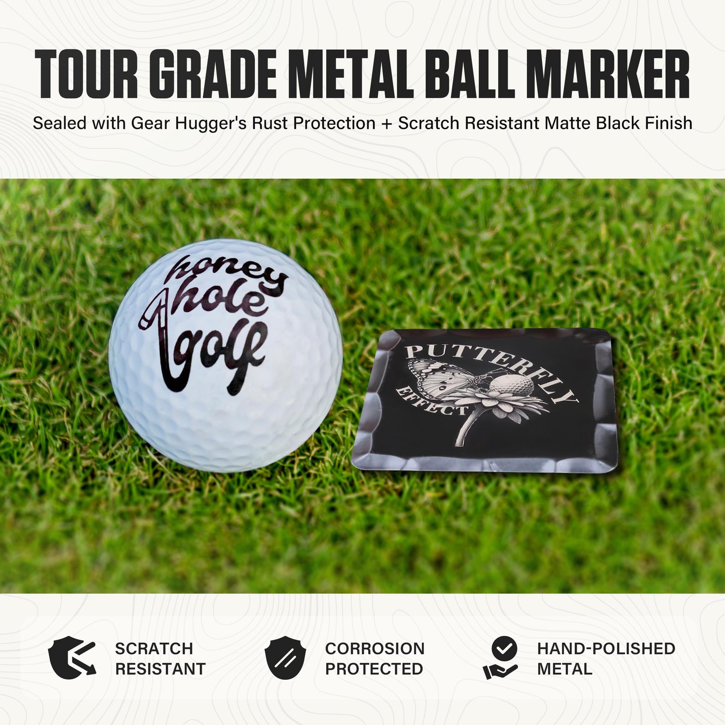 Honey Hole Golf Pro Grade Golf Ball Marker with Felt Bag – Sealed with Gear Hugger Rust Protector - Scratch Resistant Finish - Designed & Engraved in The USA – Lifetime Protection (Help The Holeless)