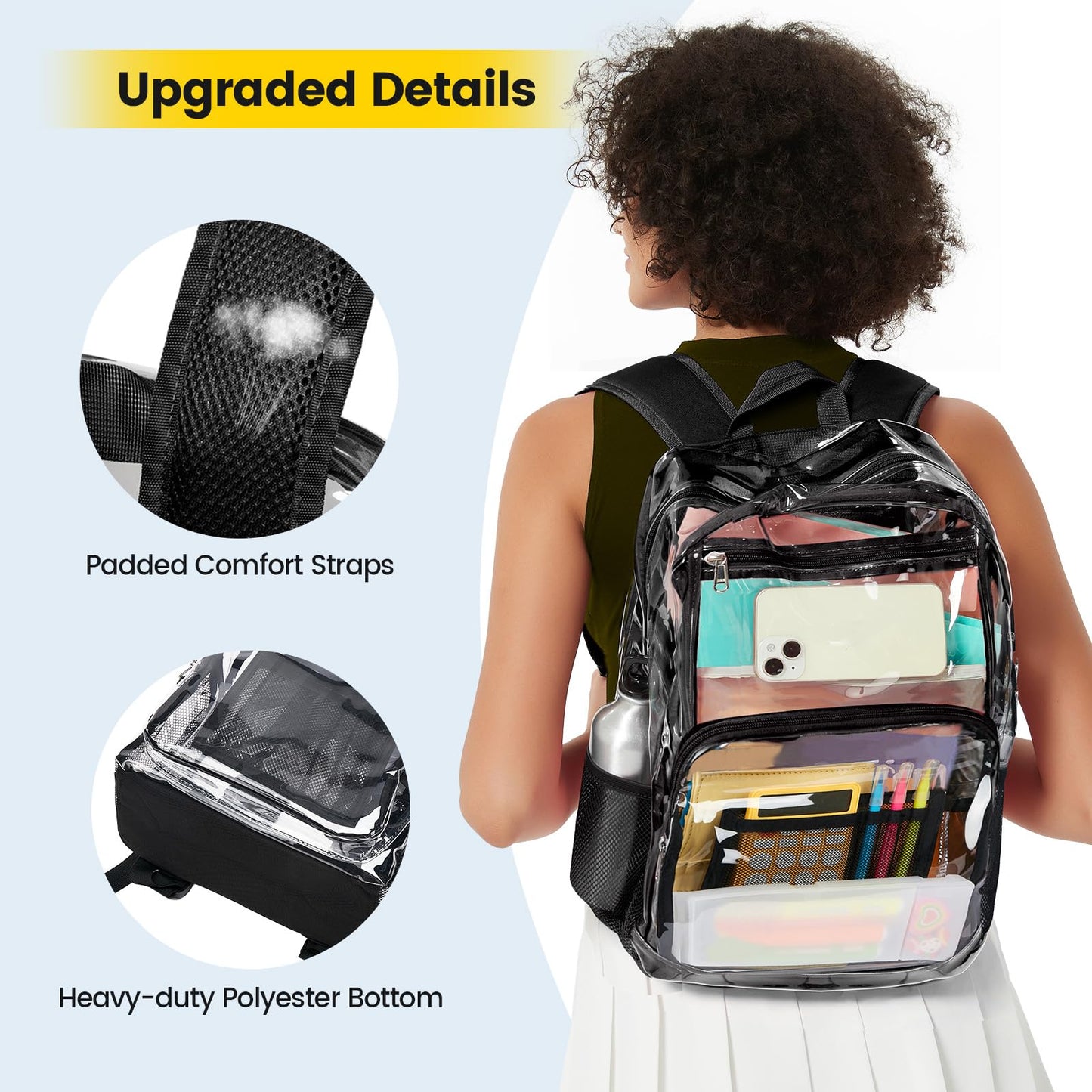 Vorspack Clear Backpack Heavy Duty - Large Transparent Bookbag for Adults, See Through Backpack for College, Work, Travel - Black