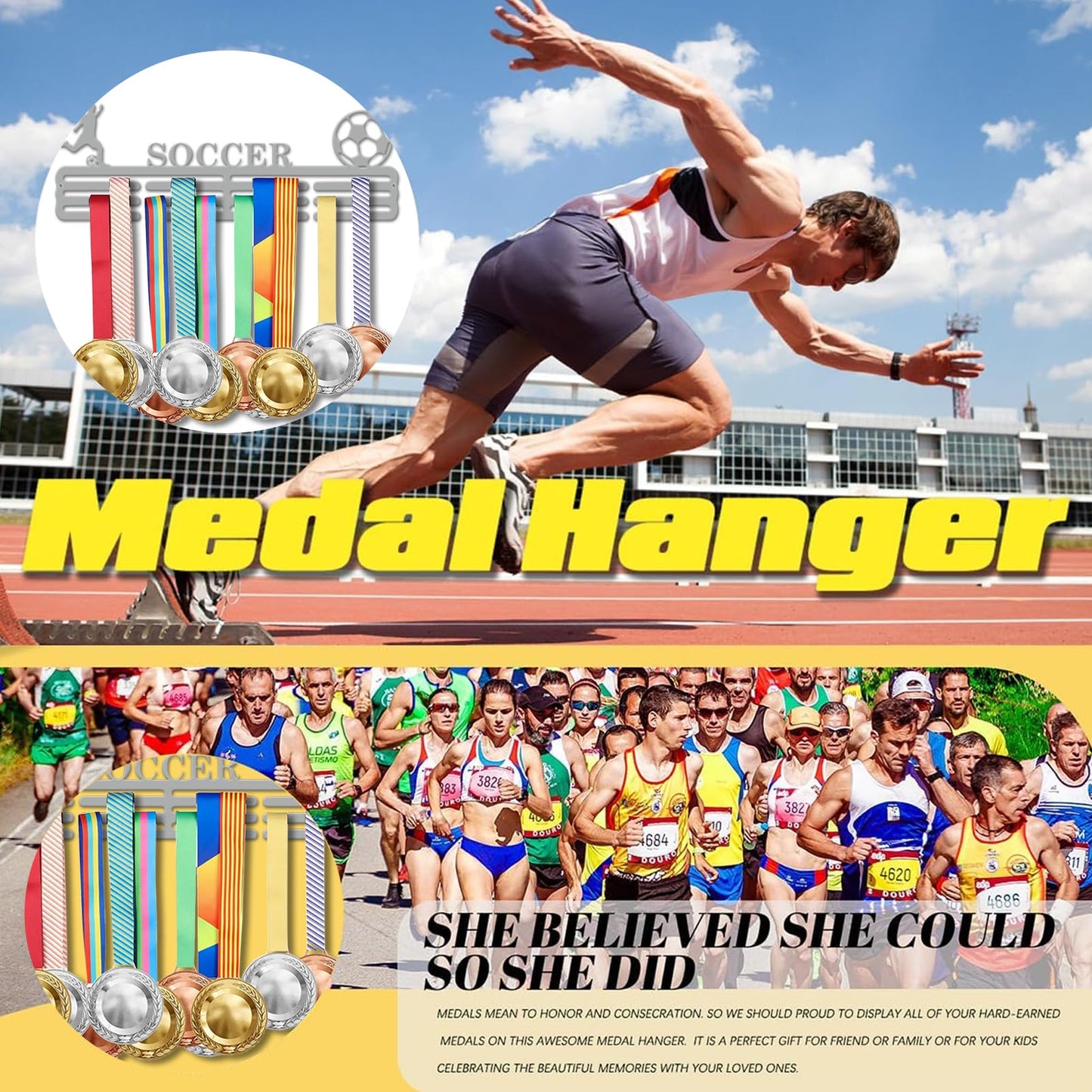 Resama World Cup Soccer Medal Hanger Holder Display Rack for Awards Ribbons Personalized Medal Sports Themed Race Ribbon Holder for Wall Metal Display for Men Boy Girl Kid Silver