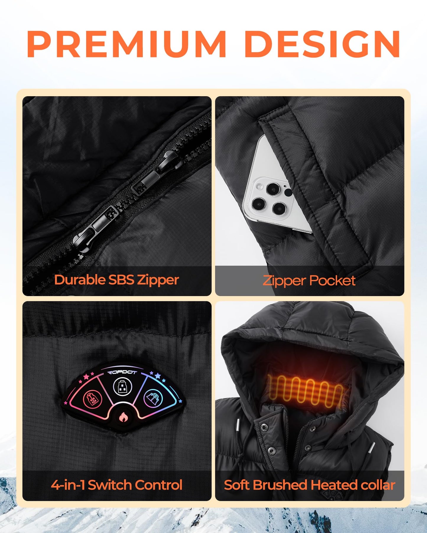Topdot Long Puffer Heated Vest for Women with 16000mAh Battery Pack, 10 Heating Zones Hooded Winter Heated Vest Outwear,L