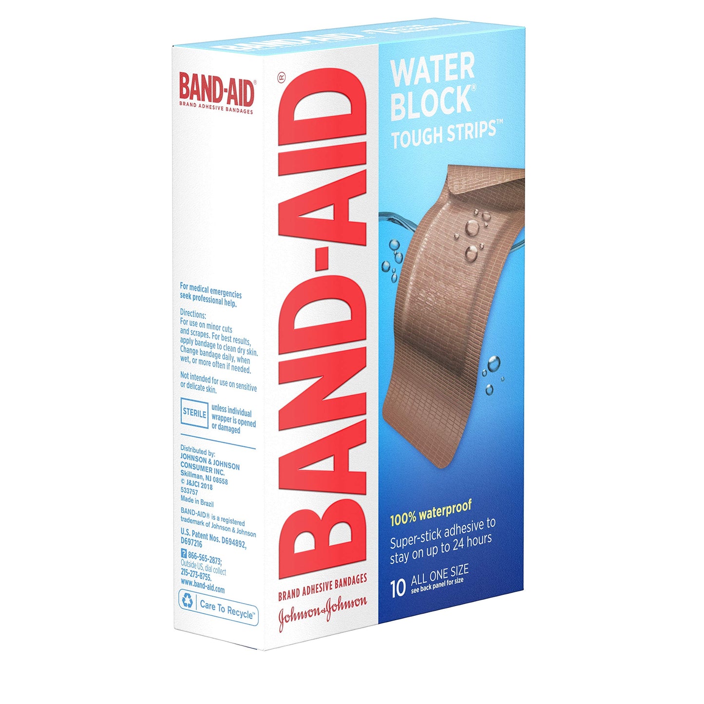 Band-Aid Brand Water Block Tough Strips Adhesive Bandages for First Aid Wound Care, Durable Waterproof Bandages to Protect Minor Cuts, Scrapes & Burns, Sterile, Extra Large, 10 ct