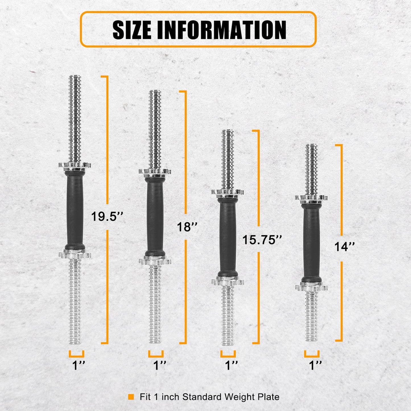 Threaded Dumbbell Rubber Handles 1 Inch Pair, 15.75" Adjustable Dumbbell Bar Handles, Fits Standard Weight Plates with 1” Diameter, for Gym Workouts, Exercise, Weightlifting, Sold in Pair