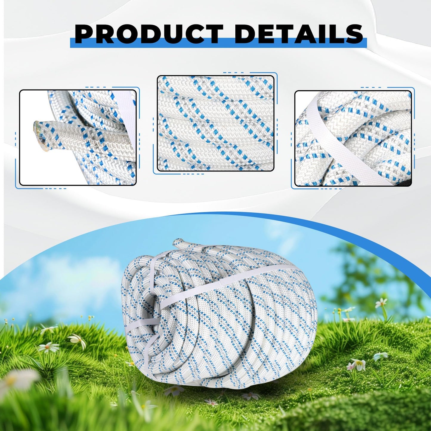 3/4 in x 150FT Gray White Blue Arborist Bull Rope Double Braid Polyester Rigging Hoisting Line High Strength Tree Rope for Rigging, Swing for Rigging Sailboat Weathered Line Tree Work