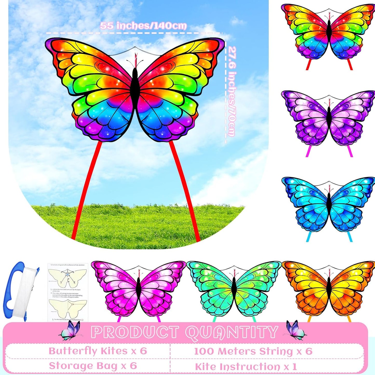 Silipull Butterfly Kite - 55" x 28" Large Colorful Kite with 328ft String for Adults & Beginners