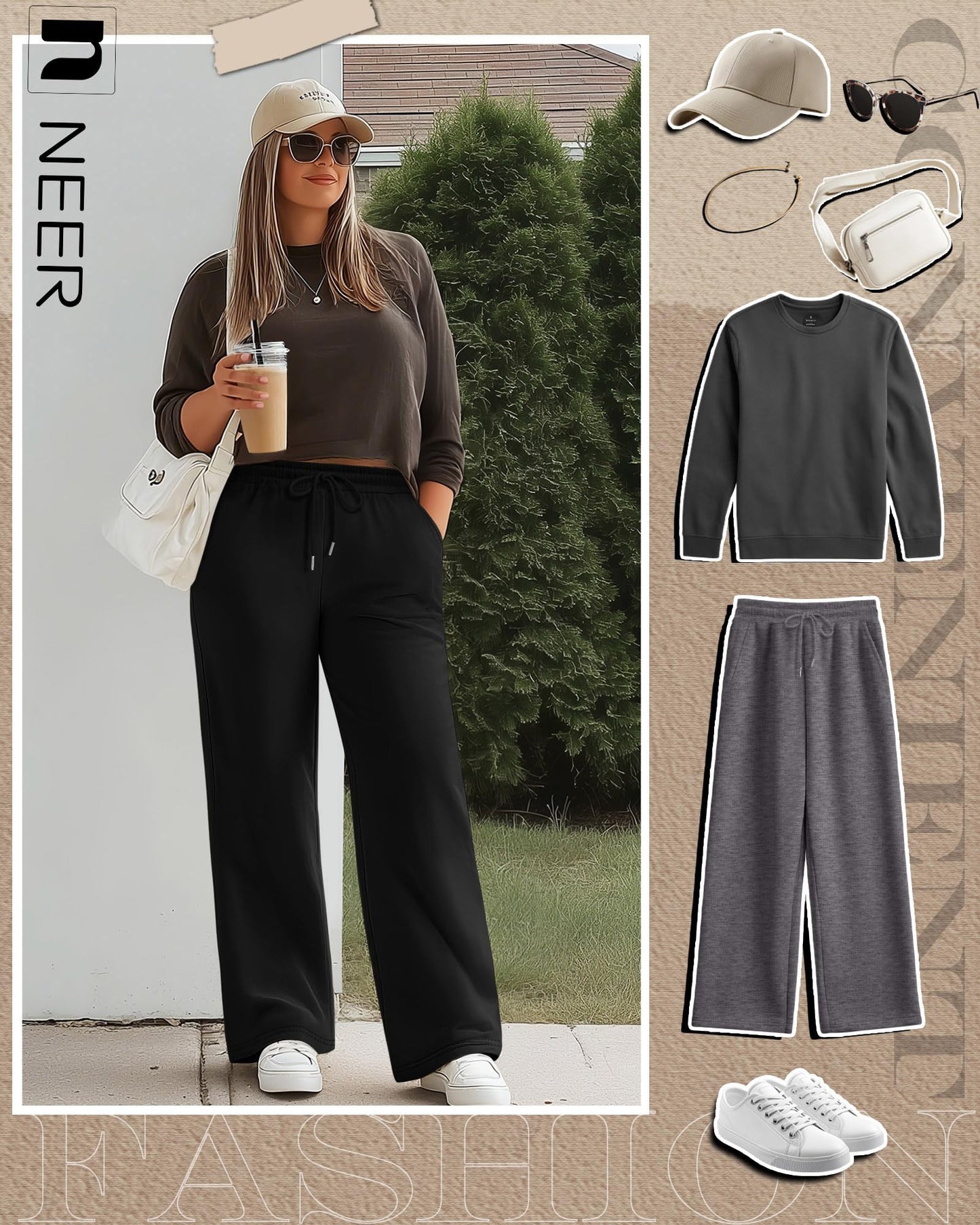 Neer 3 Pack Women's Plus Size Wide Leg Sweatpants Y2k Cargo Flowy Pants Travel Versatile Street Style Joggers with Pockets(Beige Gray, Dark Gray, Black,3X-Large)
