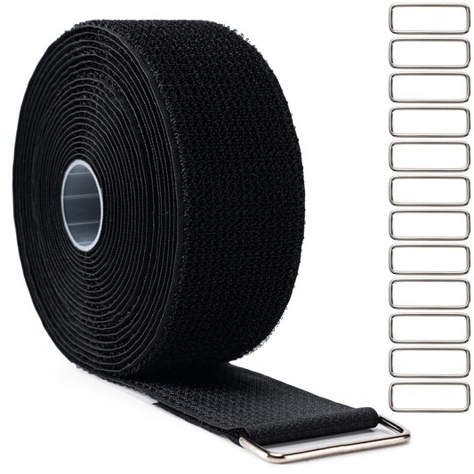 2" x16Ft Hook and Loop Straps with 12 Metal Buckles, Adjustable Fastening Cable Straps, Free Cut Length, Reusable Nylon Cable Ties for Organizer or Storage, 2 inch Wide Black