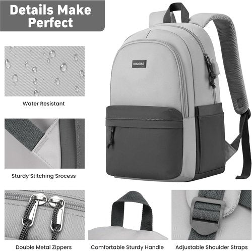 KROSIAS School Backpack - Stylish 15.6 Inch Laptop Bag for Teens | Cute & Spacious for College Travel (Dark Grey & Light Grey)
