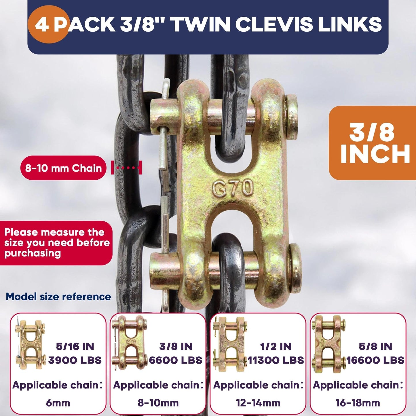 Terixe 4 Pack 3/8 Inch Twin Clevis Link, Alloy Steel Chain Repair Links for Safety Chains - 3/8 Chain Link Connector, Working Load Capacity of 6600 lbs