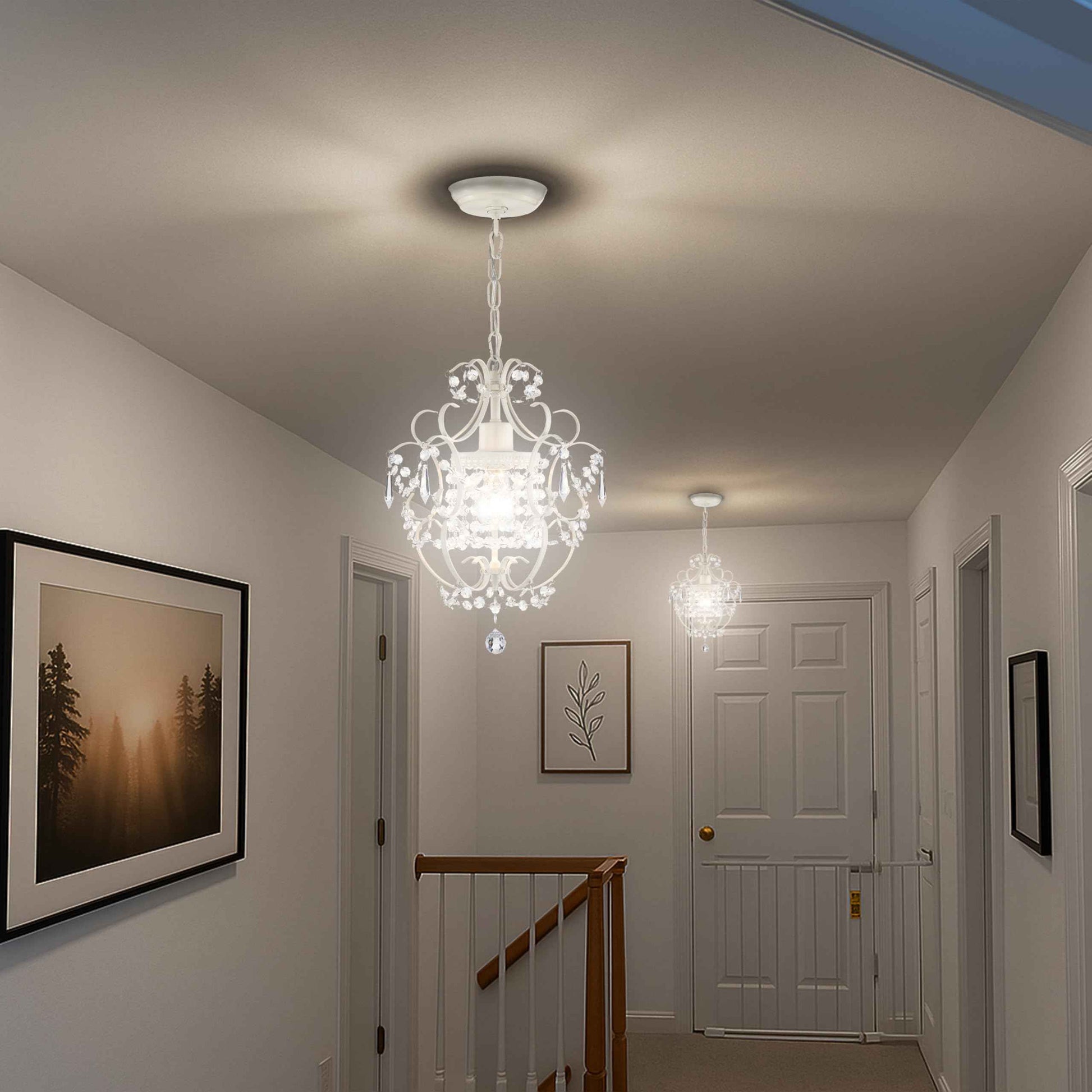 Small Crystal Chandelier for Bedroom, 90% Pre-Assembled 1 Light White Chandelier, Mini Acrylic Crystal Ceiling Light Fixture Charming for Girls Room, Closet, Bathroom, Entryway, Dining Room