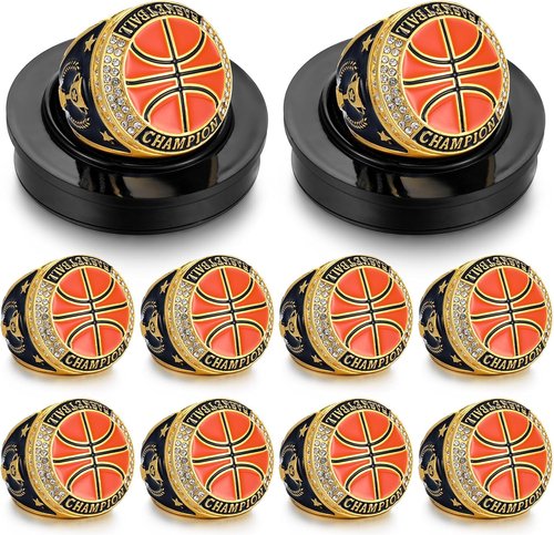 Highergo 10 Pcs Trophy Rings Set - Softball, Baseball, Basketball & More | Display Stand Included
