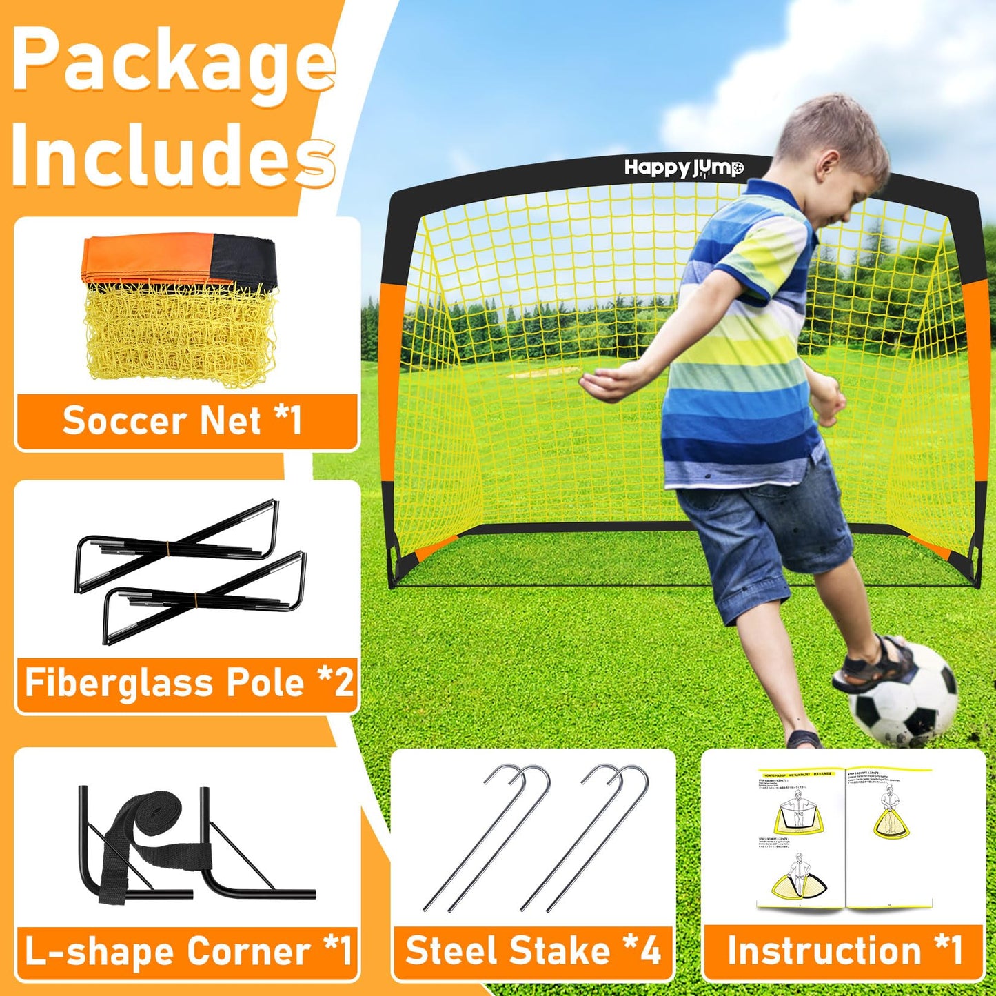 Happy Jump 7x5' & 5x3.6' Portable Soccer Goals for Kids Ages 6-14, Weatherproof Net and Steel Frame for Backyard Fun and Outdoor Training, Quick Setup and Sturdy for All Weather Conditions
