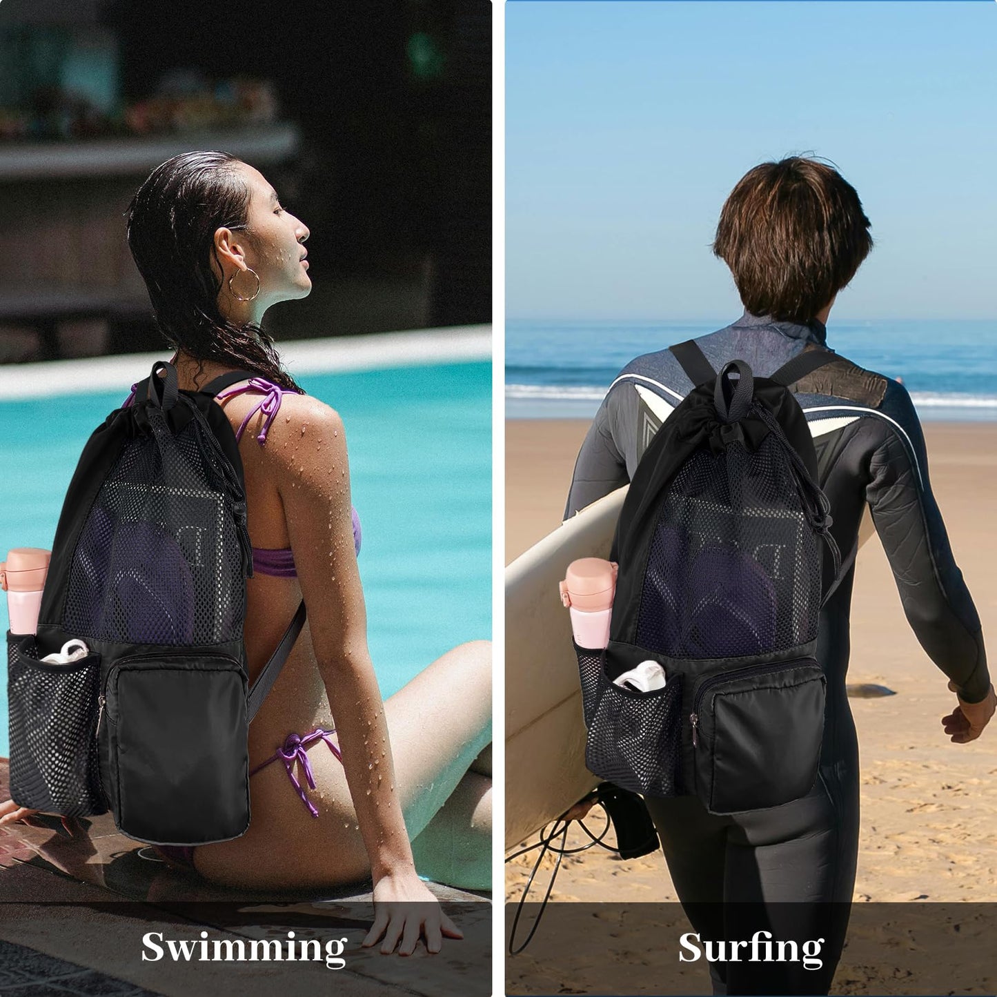 lifwimner Swim Bag Mesh Beach Drawstring Backpack with Wet Pocket Waterproof for Gym Workout Men Women (Black)