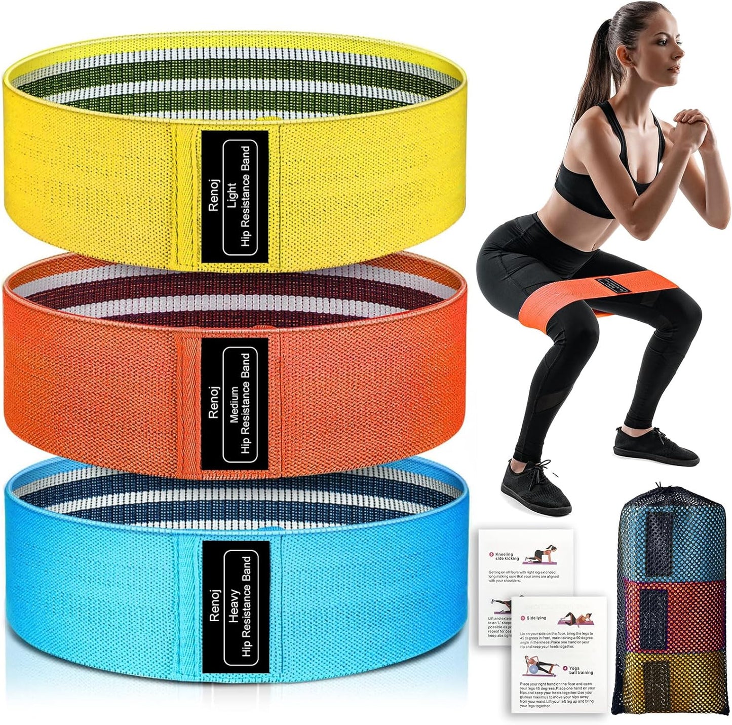 Renoj Resistance Bands - 3-Piece Professional Exercise Set for Pilates, Yoga, Home Gym | Heavy, Medium, Light Fabric Loops for All Fitness Levels