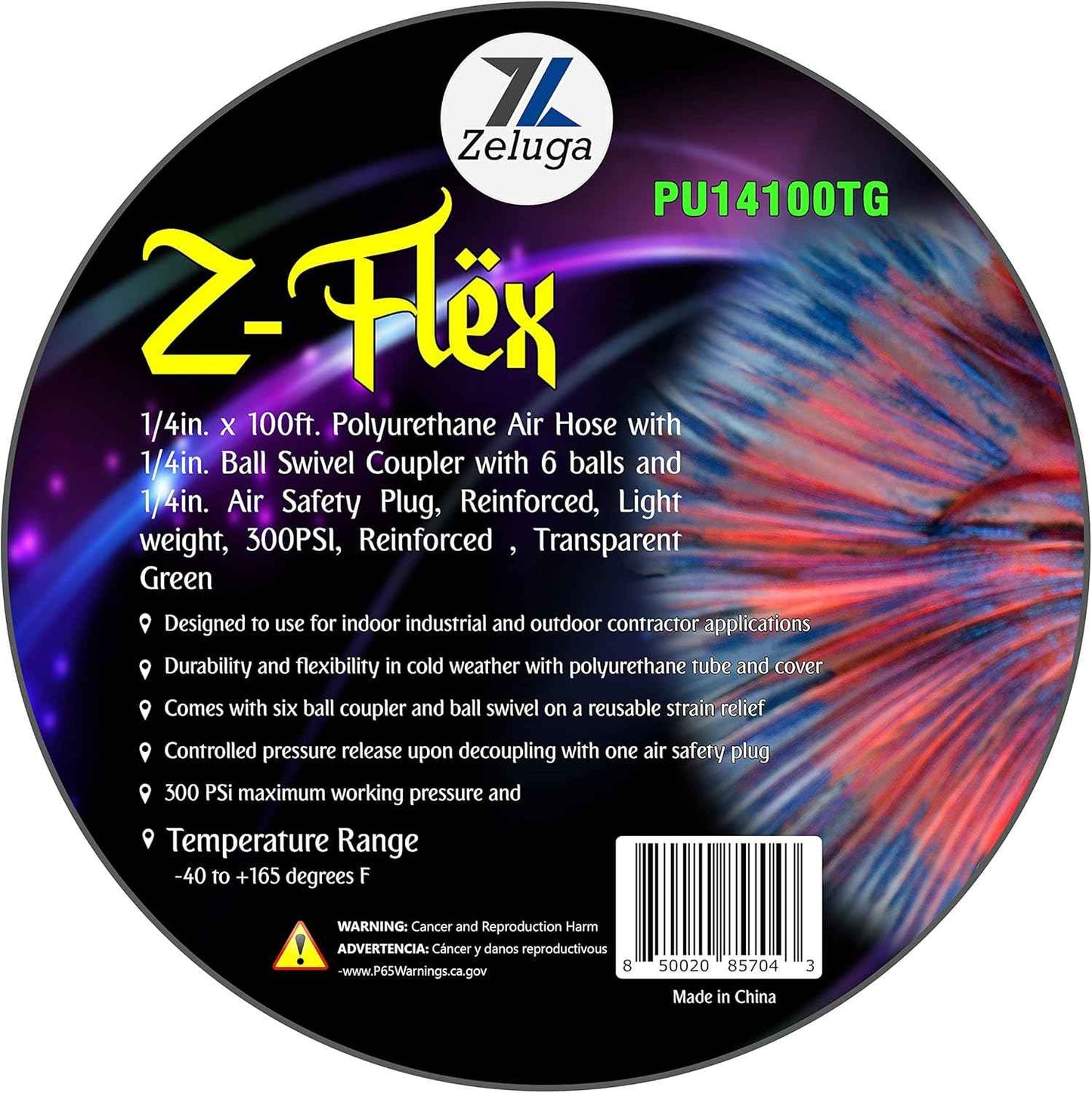 Z-Flex 1/4in. x 100ft. Reinforced Polyurethane Air Hose with Ball Coupler & Safety Plug - 300 PSI