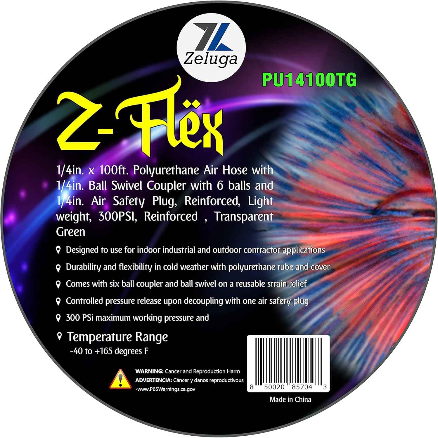 Z-Flex 1/4in. x 100ft. Reinforced Polyurethane Air Hose with Ball Coupler & Safety Plug - 300 PSI
