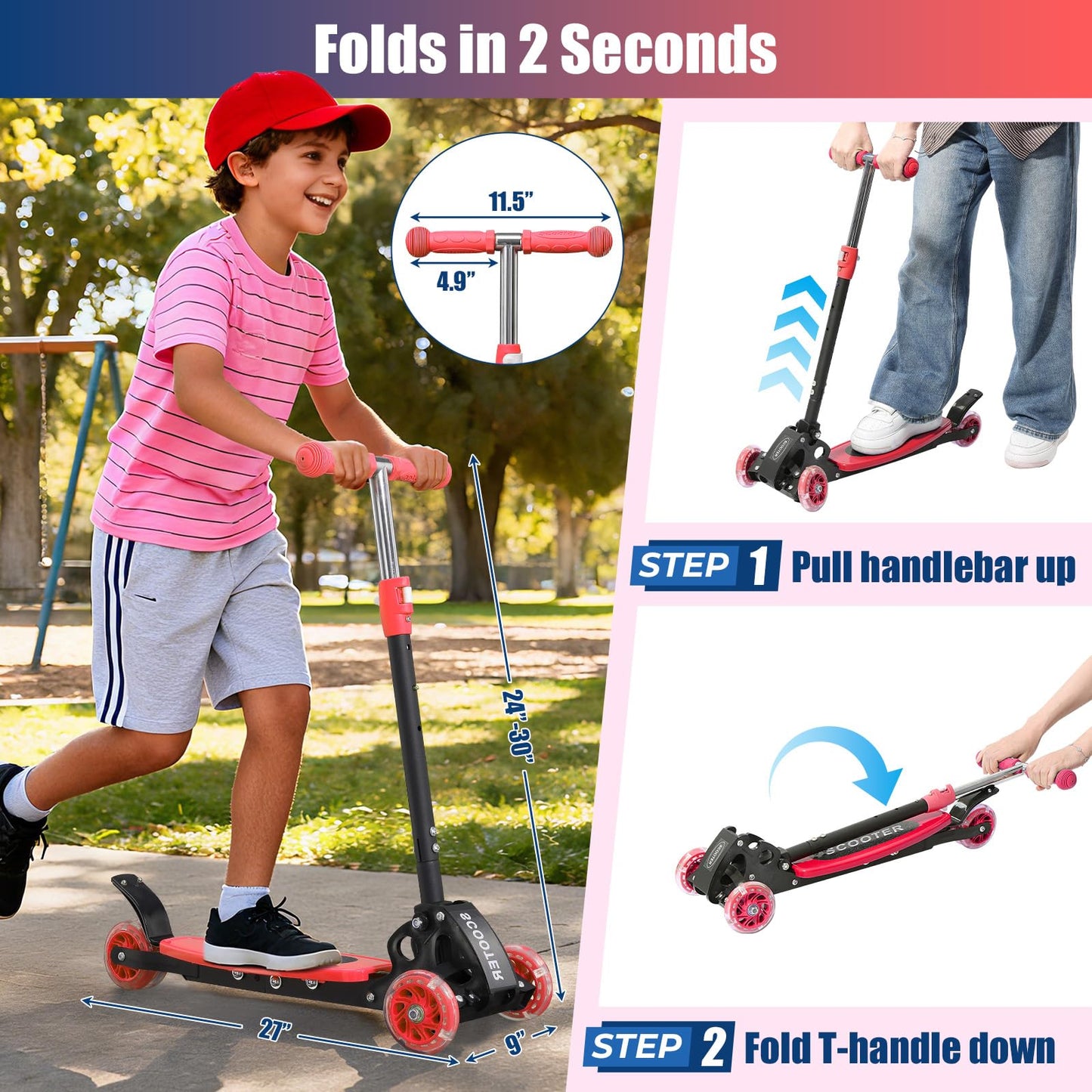 Children’s 3-Wheel Lean-to-Steer Scooter – LED Light-Up Wheels, Foldable, Adjustable T-Bar, Anti-Rust Frame, Ideal Outdoor Gift for Ages 3/4/5/6/7