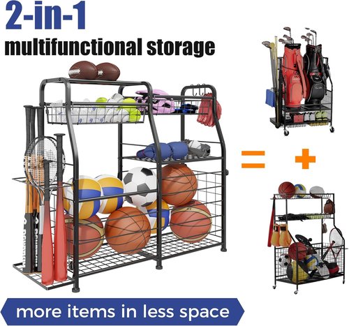 Garage Sports Equipment Organizer - Mobile Ball Storage Rack with Elastic Rope | Indoor/Outdoor Use, Black
