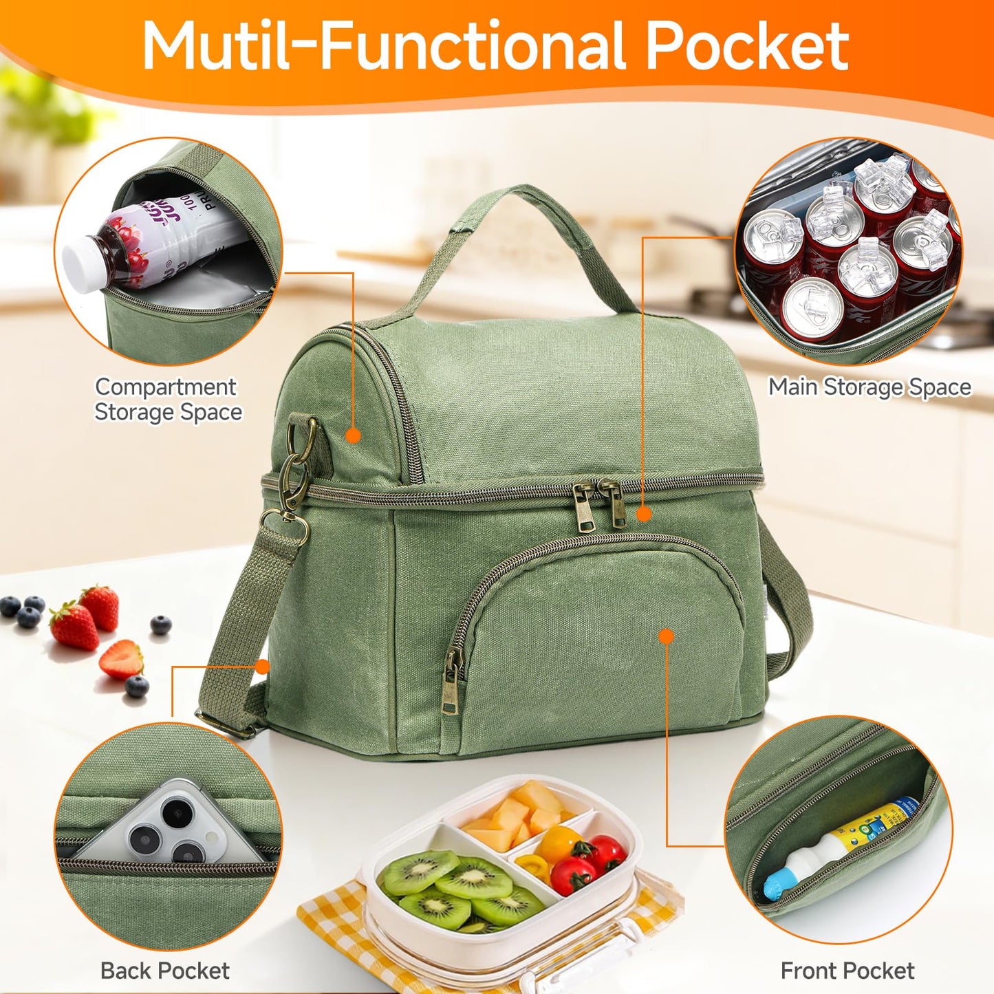 neatlife Men's London Green Lunch Box for Work with 2 XL Ice Packs, Sturdy Waxed Canvas Insulated Adult Lunch Bag, 2 Compartment 10.5L Soft Cooler Bag For Work, Picnic, Travel, Outdoors