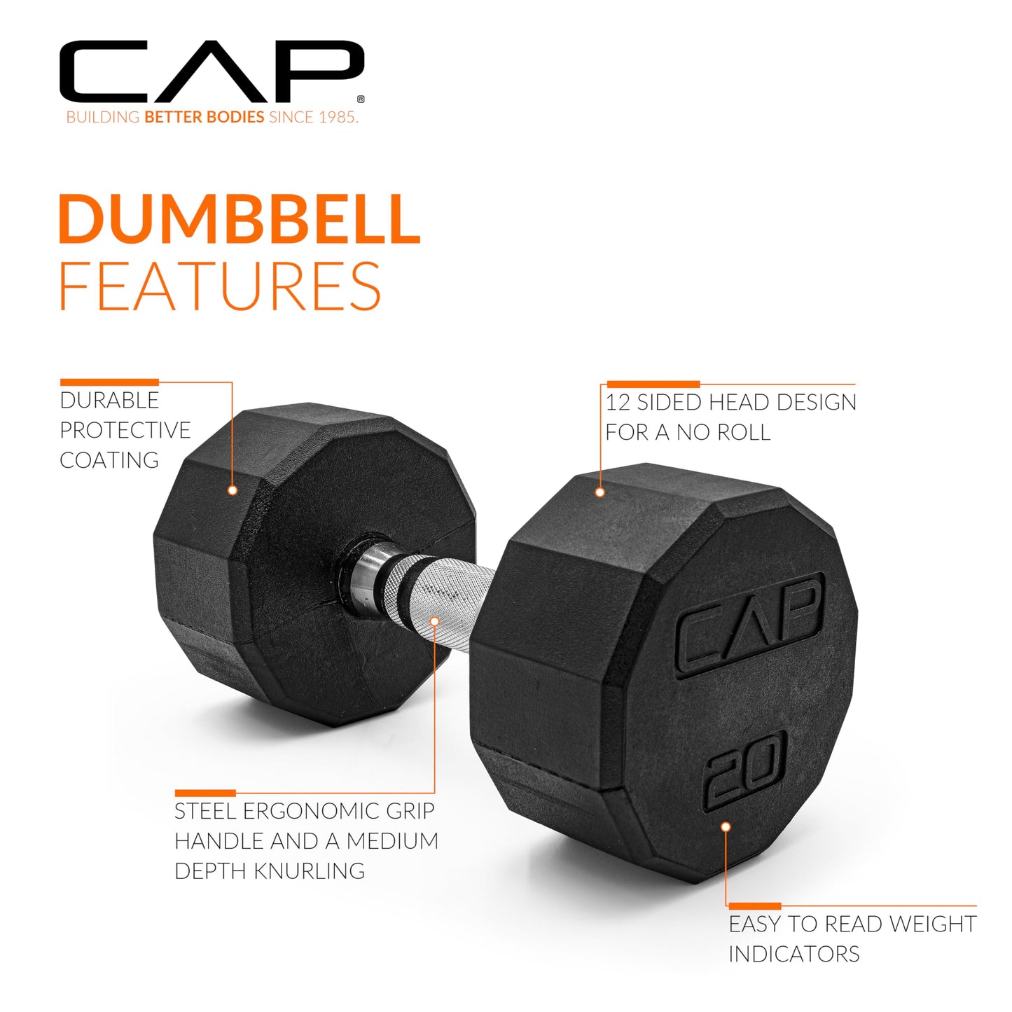CAP 20 LB 12-Sided Rubber Coated Dumbbell Weight, Rubber Free Weights for Home Gym Strength Training, Chrome Handle, Pair