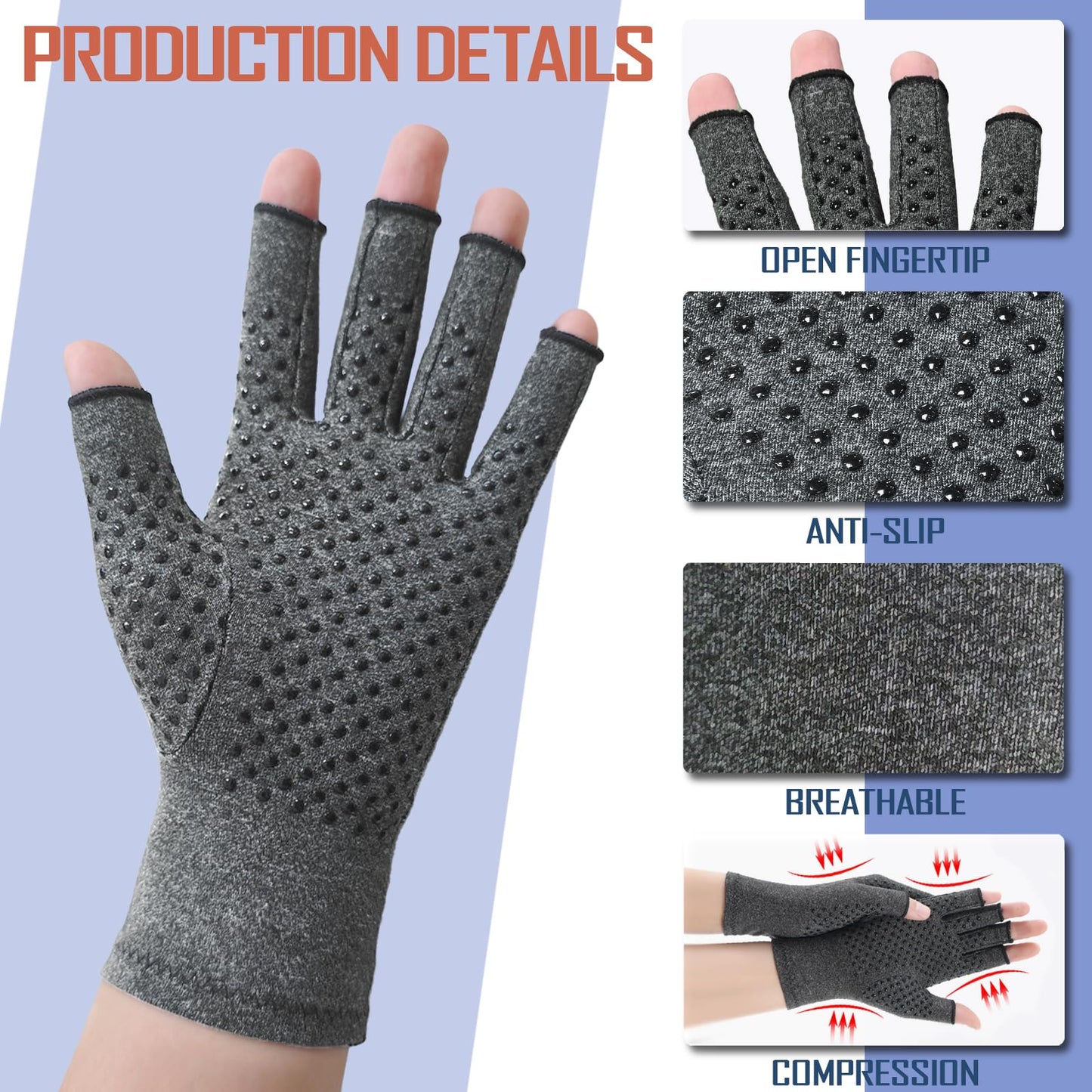 Beieverluck 6 Pairs Arthritis Compression Gloves for Women Men Fingerless Hand Compression Gloves for Typing, Driving and Work