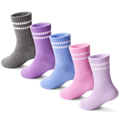 Sockswift Girls Socks Kids Cotton Socks Pink Crew Athletic Socks with Stripes 5 Pairs