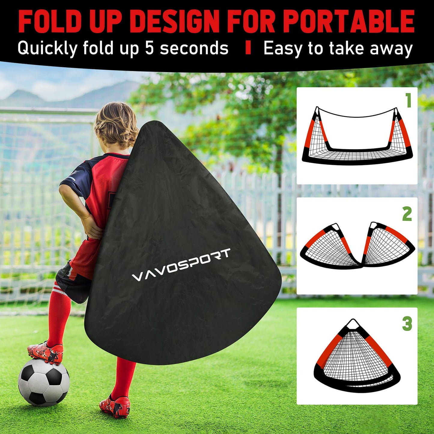 VAVOSPORT Kids Soccer Goals for Backyard, 2-Pack 4x3ft Portable Soccer Nets, Pop Up Mini Toddler Soccer Goal Set with Size 3 Ball, Cones & Pump for Ages 3-12, Indoor & Outdoor Practice Training Kit