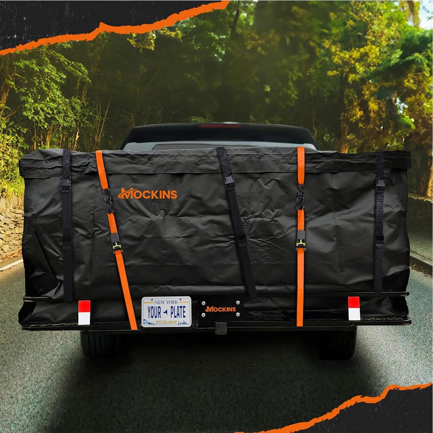 Mockins XXL Folding Trailer Hitch Cargo Carrier - 500 Lbs Capacity All-Weather Steel Rack | 70"x30"x6" w/ 40 CuFt Waterproof Bag & Accessories