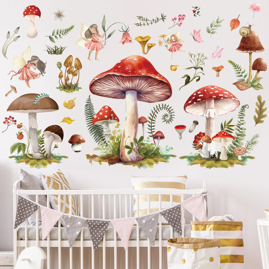 Wxiben Fairy Wall Stickers Decor - Mushroom Wall Decals Flower Wall Sticker Removable Floral Wall Murals Peel and Stick for Girls Kids Bedroom Nursery Playroom Bathroom Living Room Wall Decor