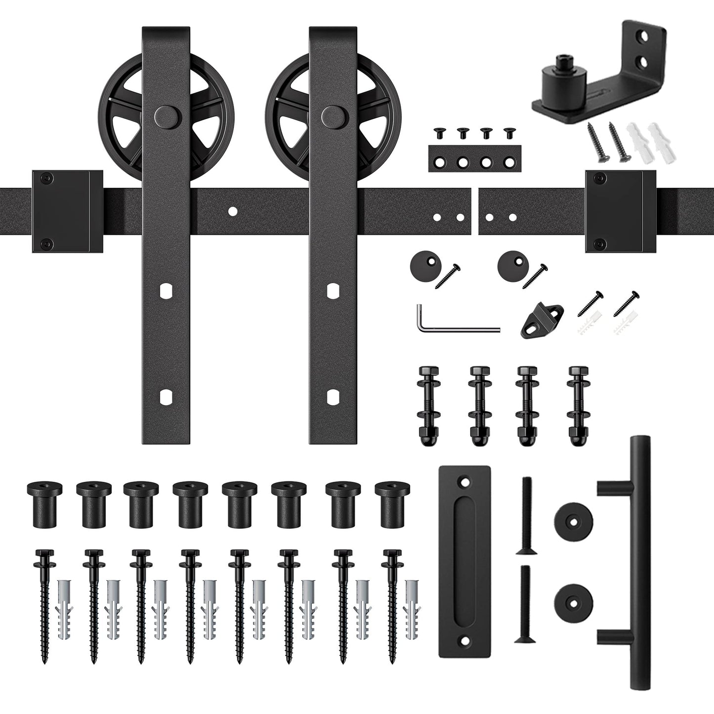 SMARTSTANDARD 10ft Heavy Duty Sliding Barn Door Hardware Kit, Black, (Whole Set Includes 1x Pull Handle Set & 1x Floor Guide) Fit 60" Wide Door Panel (Big Industrial Wheel Hangers)
