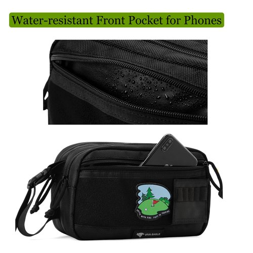 VIVA EAGLE Golf Pouch Bag for Balls Accessories Valuables | Hook-and-Loop Front Panel | Detachable Tee Holder and Motivation Patches | 10 Bamboo Tees 3-1/4 inch | Gym Sports Travel Tactical