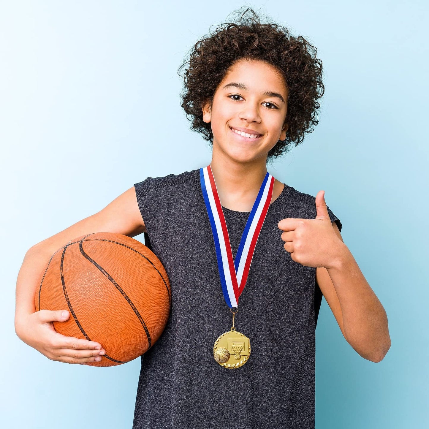 Juvale Basketball Medals for Kids & Adults - 12-Pack, 2" Gold Zinc Alloy & 15.5" - Red, White & Blue Ribbon - Medals for Awards