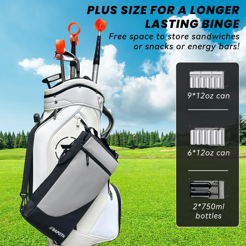 BAPOTH Golf Cooler Bag with 4 Ice Pack for 6 Hours, Large Capacity Golf Bag Cooler Hold 9-Can 12oz, 6-Can 16oz, 2 Bottle 750ml, Detachable Shoulder Strap for GolfCourse & Outdoor Parties