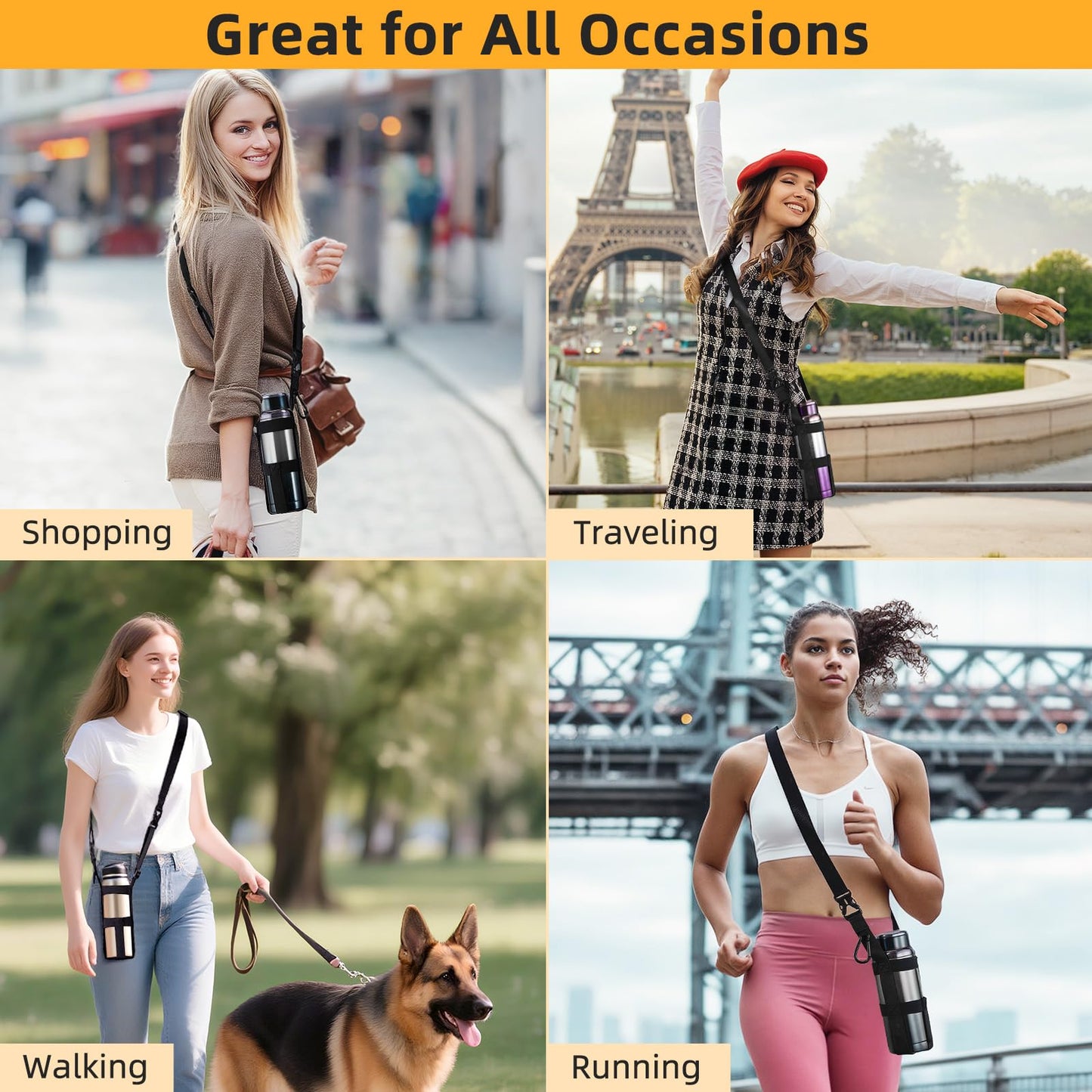 Nuovoware Water Bottle Holder With Strap, 2 Pack Elastic Water Bottle Sling Bag for 20-40 Oz, Lightweight Crossbody Bag With Shoulder Strap for Walking Hiking Camping Traveling, Black+Black