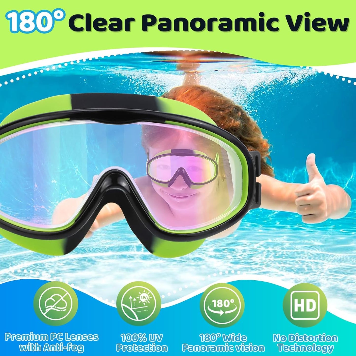 Vvinca Kids Swim Goggles - Wide View Anti-Fog & UV Protection | Comfortable Fabric Strap for Ages 3-14
