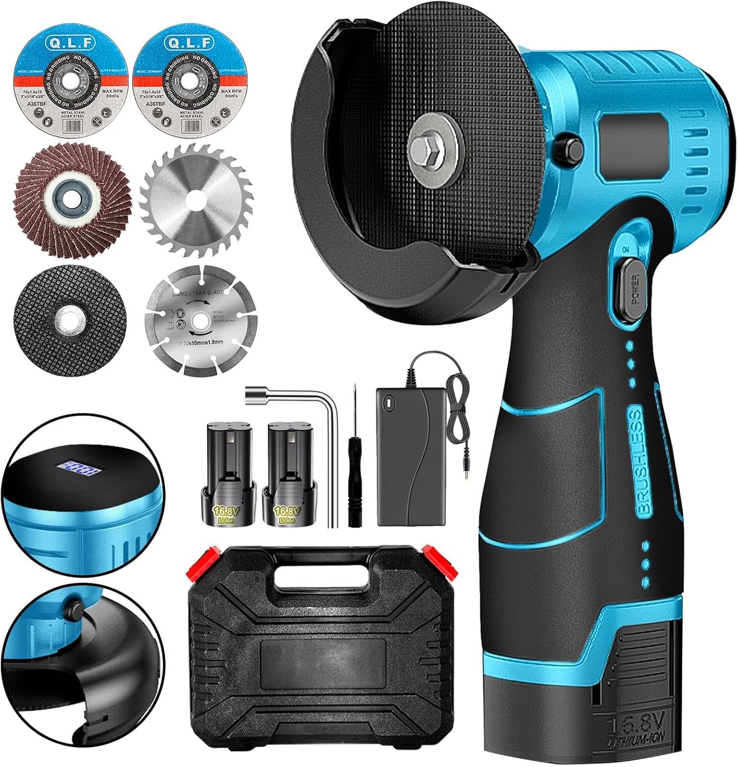 Mini Cordless Angle Grinder Kit - 19500 RPM Electric Tool with 2 Batteries & 5 Cutting Discs for Metal & Wood