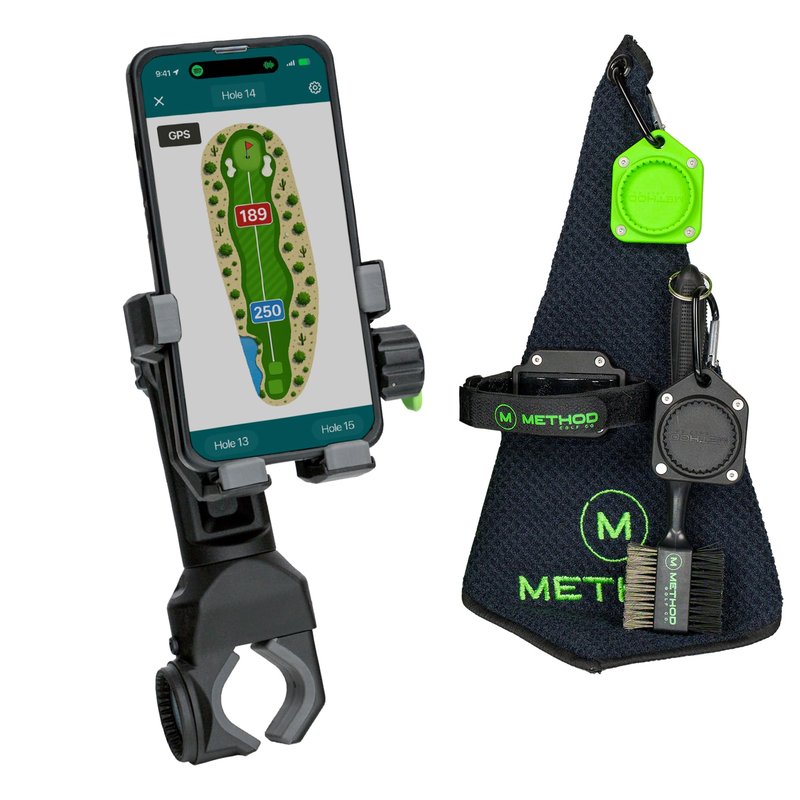 Method Golf PushStack Pro Pack- Magnetic Phone Holder for Golf Push Cart Plus Rangefinder Magnetic Strap, MagStack Microfiber Towel and Club Brush with MagStack Tile- Universal Fit for Most Phones